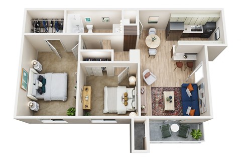 a 3d floor plan of a home with a bedroom and living room